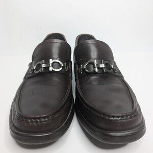 Ferragamo Men's Brown Loafer Shoes With Silver Gancini Hardware Size 9